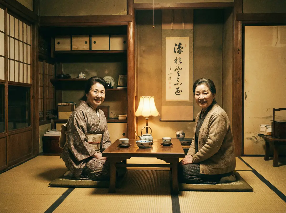两位优雅的 十大黄色软件 在日式茶室中品茶交谈